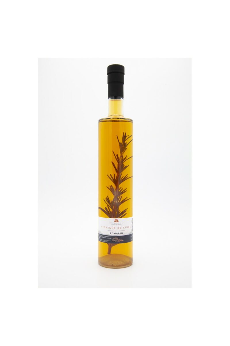 Bouteille de vinaigre de cidre au romarin bio, un condiment artisanal idéal pour sublimer vos plats et favoriser la digestion.